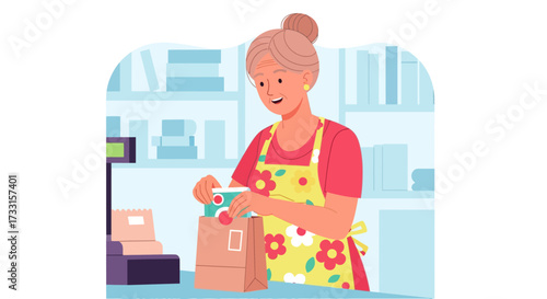 Happy woman packing items into paper bag at checkout counter. Retail service, shopping experience, customer care illustration.