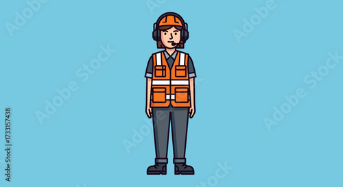 Industrial Woman Worker Character in Safety Vest, Hard Hat, and Headset. Flat Vector Illustration of Female Professional with PPE.