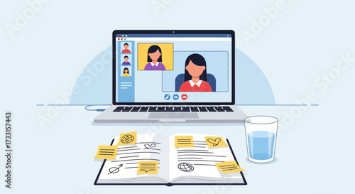Online video conference call on laptop with open book and sticky notes. Remote work, virtual meeting, and e-learning illustration.