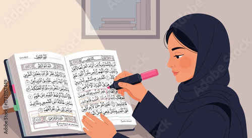 Muslim Woman Studying Sacred Religious Text, Highlighting Verses with Marker