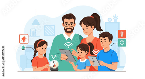 Family enjoying smart home technology. Parents and children interact with connected devices for modern home automation and digital living.