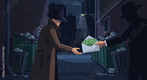 Secretive Money Exchange in Dark Alley. Illustration of illegal transaction, bribery, and corruption between two mysterious figures at night.