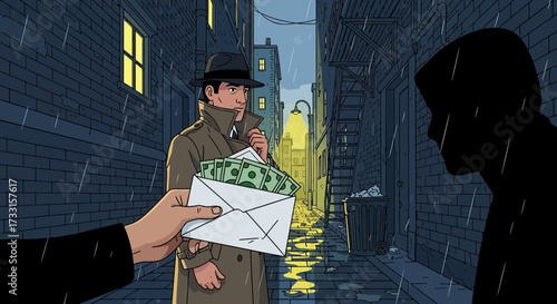 Clandestine money exchange in a dark, rainy alley. Secret transaction, bribery, or payoff in a neo-noir urban setting.