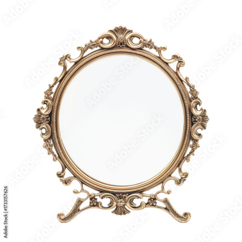 Ornate antique vanity mirror with intricate golden frame on a white background