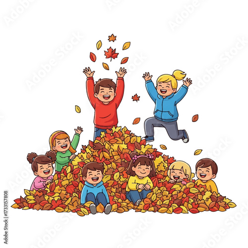 Colorful illustration of children playing and jumping in a large pile of autumn leaves on a white background with a joyful mood.