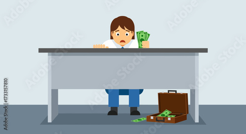 Scared person with hidden money under desk, concept of financial secrecy, corruption, or illicit funds