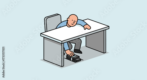 Discreet office worker operating a foot pedal under a desk, symbolizing hidden tasks, secret activities, or avoiding work.