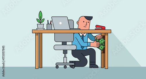 Man secretly stashing money under office desk, depicting financial misconduct, hidden assets, or illicit gains in workplace