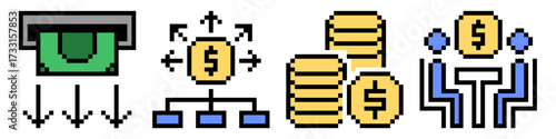 Set pixel finance icon vector for business, accounting, and monetary management. Useful for illustrating a collection of financial tools in a fun, retro, 8-bit aesthetic