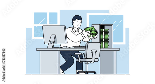 A man sitting at a desk, holding a handful of money in front of a computer tower, in an office setting.