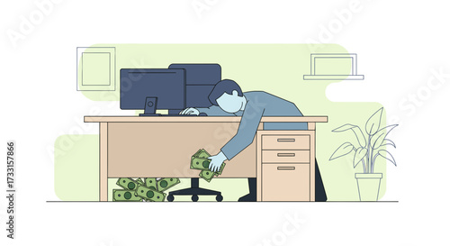A man at his desk hides stacks of money under it, suggesting financial gain or illicit activity in an office setting.
