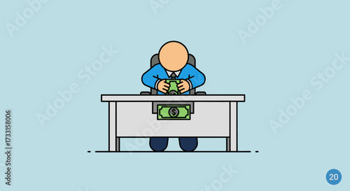 Cartoon businessman counting stack of money at a desk. Financial profit, income, and wealth management concept animation.