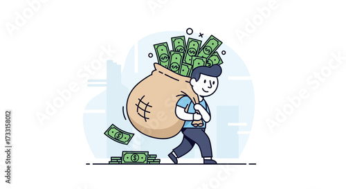 A smiling man carries a heavy sack overflowing with cash, walking forward.