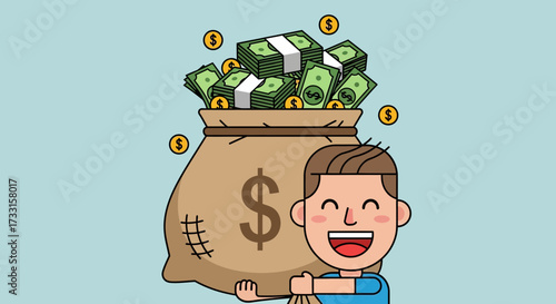 Smiling Man Holding Money Bag with Cash and Coins - Financial Prosperity, Wealth, and Abundance Illustration
