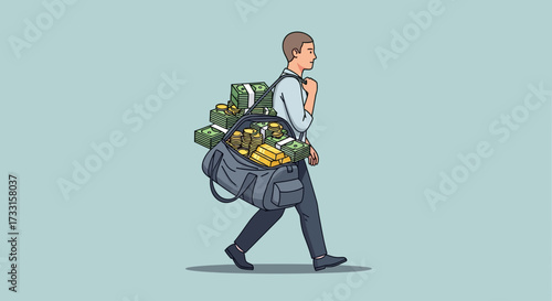 A man walks carrying a large bag overflowing with money and gold bars, representing wealth.