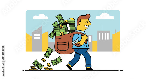 A smiling man walks along a city street carrying a large, overflowing sack of money on his back.