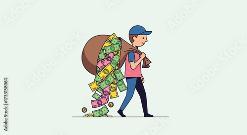 Person carrying overflowing money bag, losing cash and coins. Financial waste, mismanagement, and wealth concept.