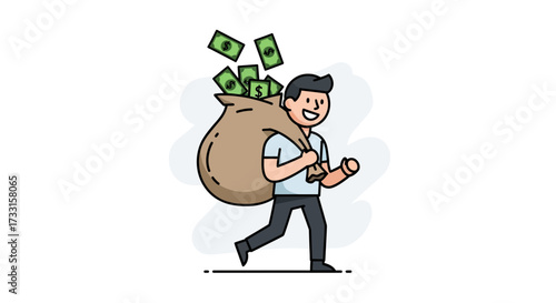 Happy man carrying a sack full of money, illustrating wealth, financial success, and good fortune. Cash overflowing from bag.
