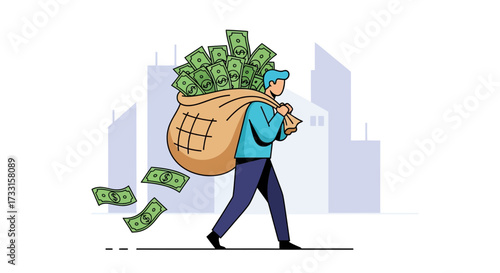 Man carrying a large sack filled with dollar bills, symbolizing financial success, wealth, abundance, and prosperity.