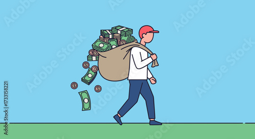 Person carrying overflowing money bag with cash spilling out. Financial abundance and loss concept.