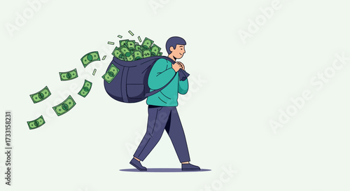 Man carrying overflowing money bag with cash flying out. Wealth, financial gain, spending, or loss concept. Flat vector illustration.