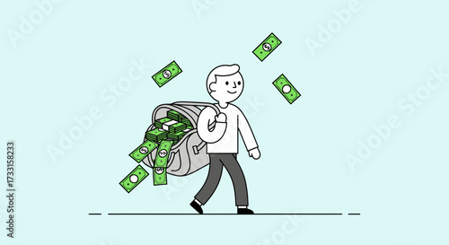 Cartoon person carrying a large, overflowing bag of money with banknotes flying out. Financial success, wealth, and abundance concept.