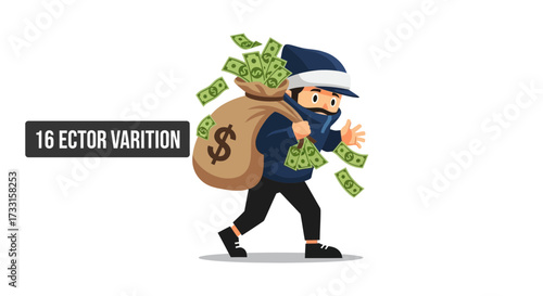 Cartoon Thief Running with Stolen Money Bag and Flying Cash