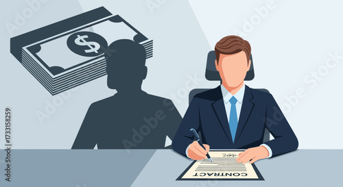Businessman Signing Contract, Money Shadow Concept: Financial Gain from Business Agreement or Deal