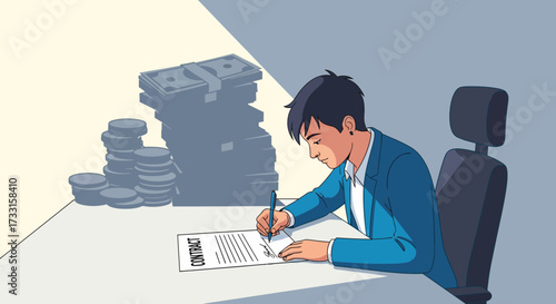 Businessman signing contract, shadow of stacked money symbolizing financial gain, wealth, and profit. Business deal illustration.