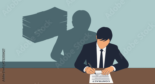 Businessman signing contract with financial motivation, shadow of money illustrates profit goal and wealth ambition
