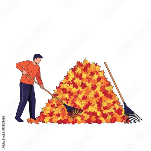 A man raking a large pile of autumn leaves with two rakes on a white background in a graphic illustration.