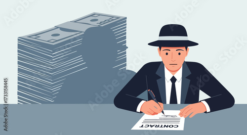 Businessman in fedora signing contract with stack of money. Financial deal, agreement, or transaction concept illustration.