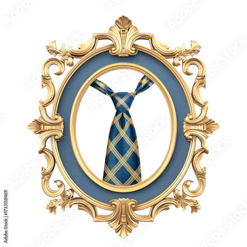 Elegant blue patterned tie displayed in a vintage ornate frame