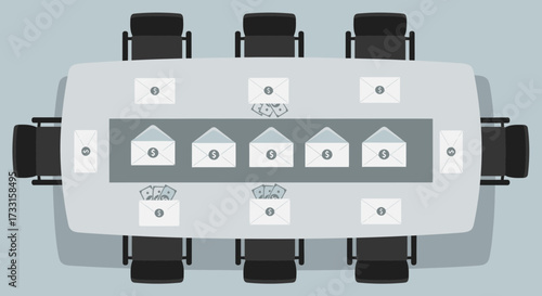 Conference table with envelopes and chairs, top view. Business meeting, communication, or voting concept illustration.