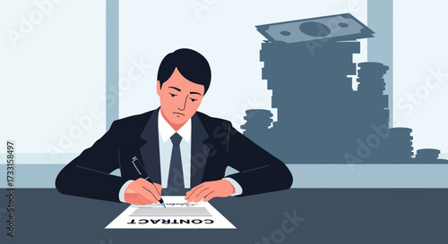 Businessman Signing Contract with Large Stack of Money in Background, Financial Agreement