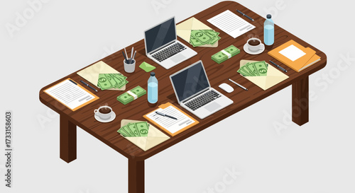 Financial Business Table with Cash, Laptops, and Documents. Work, Meeting, and Transaction Concept.