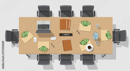 Overhead view of a conference table with money, laptop, and documents, suggesting bribery.