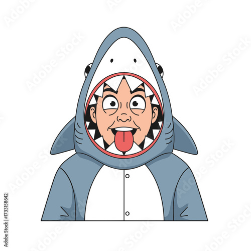 Cartoon man in a shark costume with tongue sticking out and wide eyes