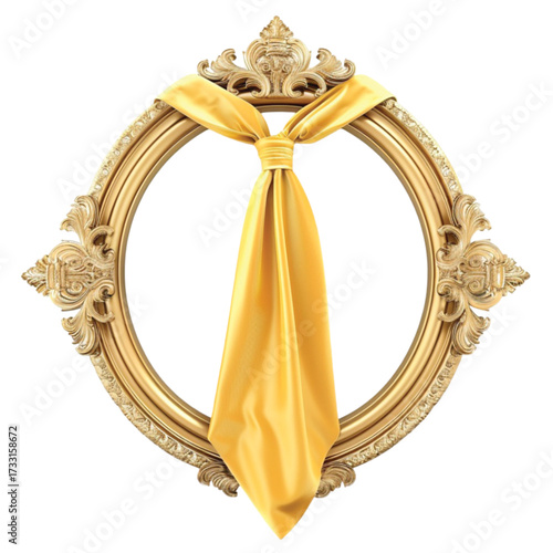 Elegant golden frame adorned with a luxurious yellow silk ribbon, creating a sophisticated and decorative element.