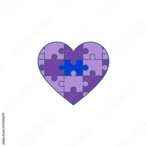 Purple puzzle heart icon, connection pieces concept, community unity message, teamwork collaboration design, problem solving symbol, vector