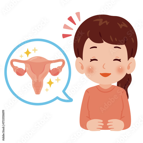 子宮や卵巣が健康な女性　上半身イラスト／Woman with a healthy uterus and ovaries　upper body illustration