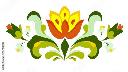 A vibrant folk art illustration of a stylized floral motif with a central orange and yellow flower surrounded by green leaves and smaller buds.