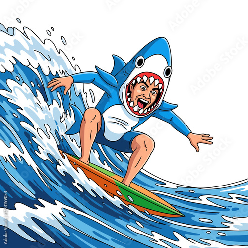 Surfer in Shark Costume Riding a Wave with Exuberant Expression