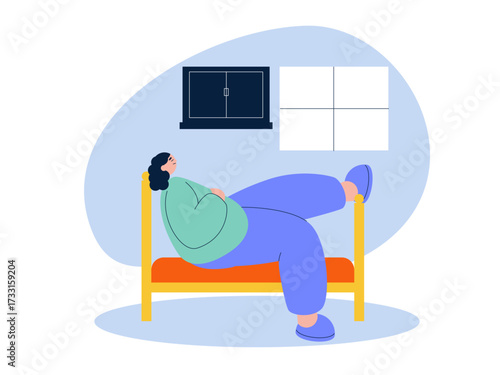 Lazy woman lying on bed. Laziness illustration. Flat vector illustration.