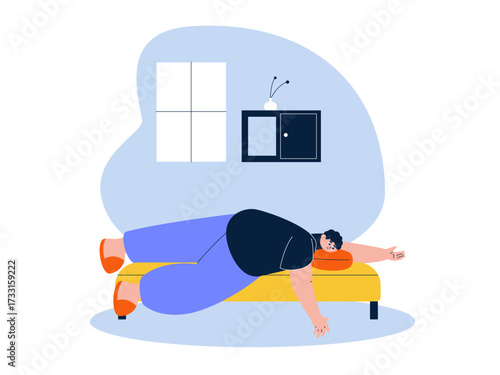 Lazy man lying on the couch. Laziness illustration. Flat vector illustration.