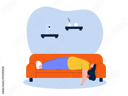 Lazy woman sleeping on the sofa. Laziness illustration. Flat vector illustration.