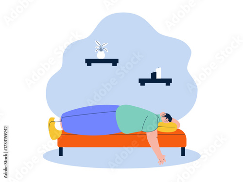 Lazy man lying on couch. Laziness illustration. Flat vector illustration.