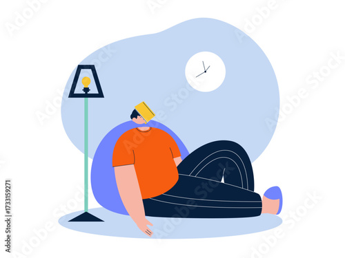Lazy man sleeping with book on head. Laziness illustration. Flat vector illustration.
