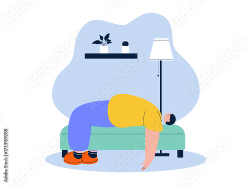 Lazy man lying on couch. Laziness illustration. Flat vector illustration.