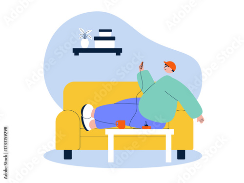 Lazy man sitting on the sofa playing with his cellphone. Laziness illustration. Flat vector illustration.